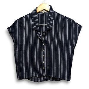 Monk & Lou Womens XS Blue Blouse White Stripe Button Up Short Sleeve Top